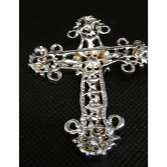 Vintage Filigree Cross Brooch Pin Rhinestones Ornate Silver-Tone Jewelry 2.75" - Picture 2 of 2